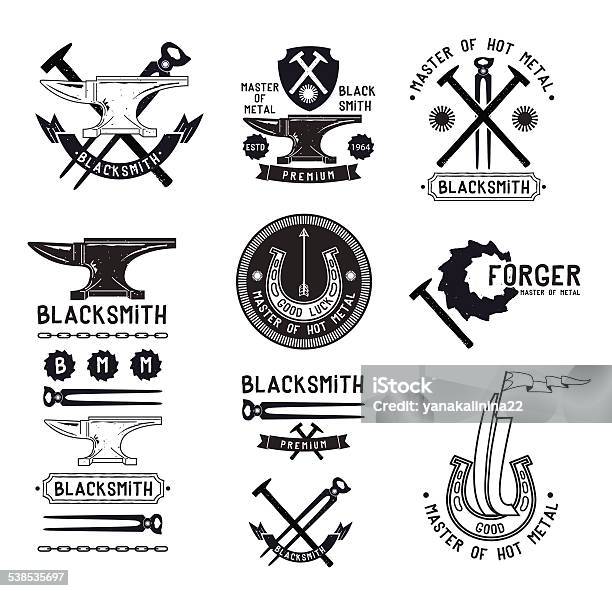 Set Of Vintage Blacksmith Logo Labels And Design Elements Stock Illustration - Download Image Now