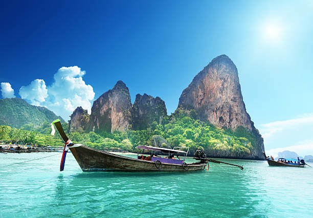 boats on Railay beach in Krabi Thailand