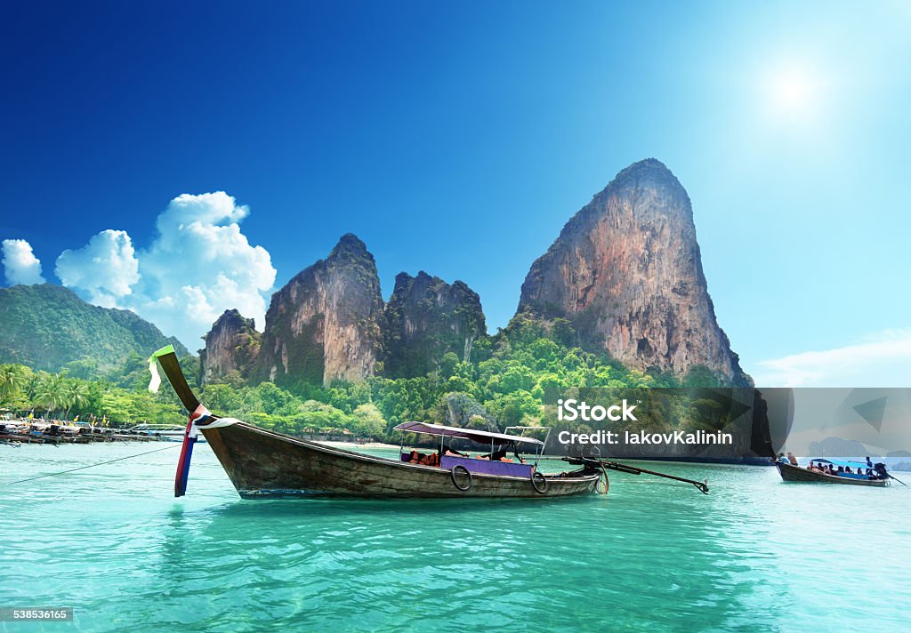 boats on Railay beach in Krabi Thailand Krabi Town Stock Photo