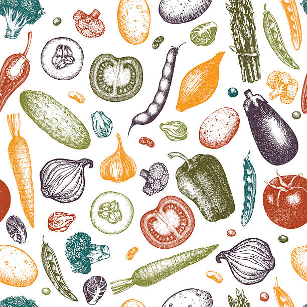illustrazioni stock, clip art, cartoni animati e icone di tendenza di verdure colorato motivo - carrot seamless food vegetable