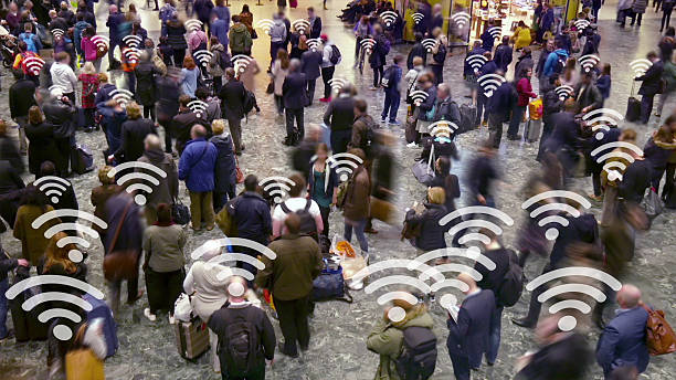 Crowd of people with connection symbols. stock photo