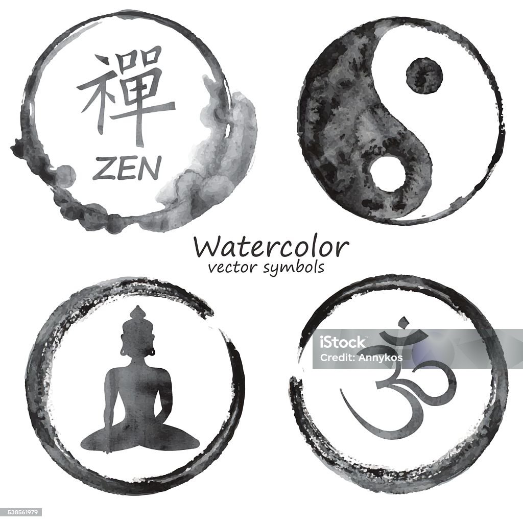 Watercolor conjunto de iconos de yoga y budismo - arte vectorial de Símbolo Om libre de derechos