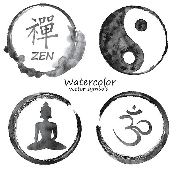 ilustraciones, imágenes clip art, dibujos animados e iconos de stock de watercolor conjunto de iconos de yoga y budismo - om symbol