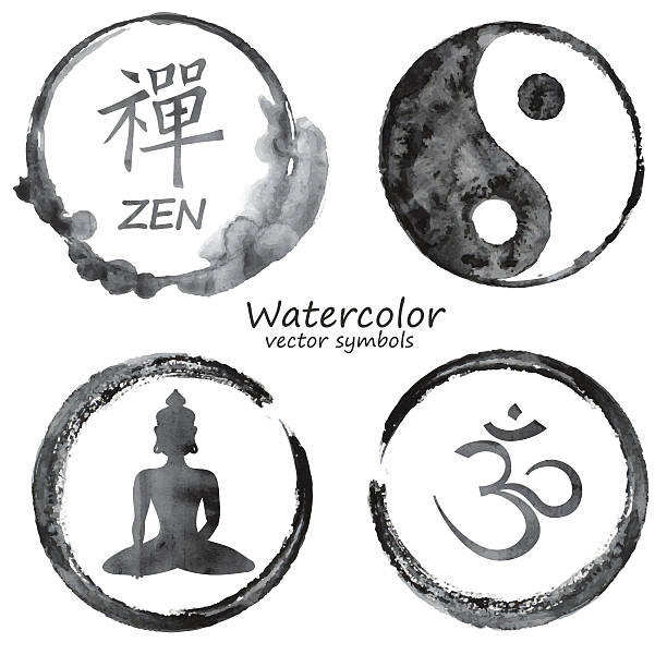 Watercolor set of yoga and buddhism icons Vector watercolor set of yoga and buddhism label icons. Om, Zen, Buddha and Yin Yang signs design concept om symbol stock illustrations