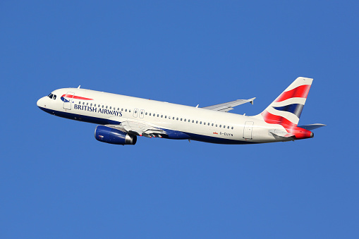 Close up of British Airways Boeing 787-8 Dreamliner on approach to London Heathrow Airport on a beautiful sunny day.