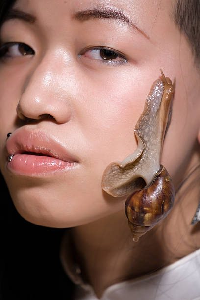 istock asian woman with big snail on face, innovation massage 538568271