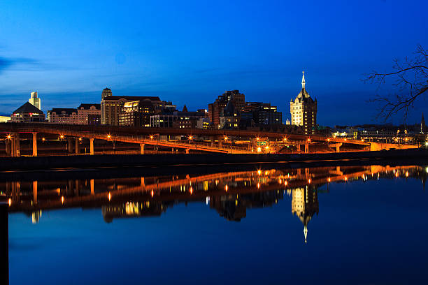 istock Albany NY skyline at night reflections off the Hudson River 538572664