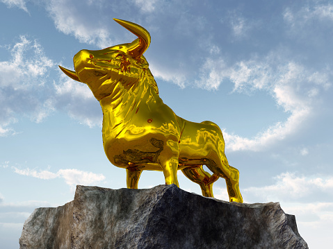 Computer generated 3D illustration with a golden calf on a rock