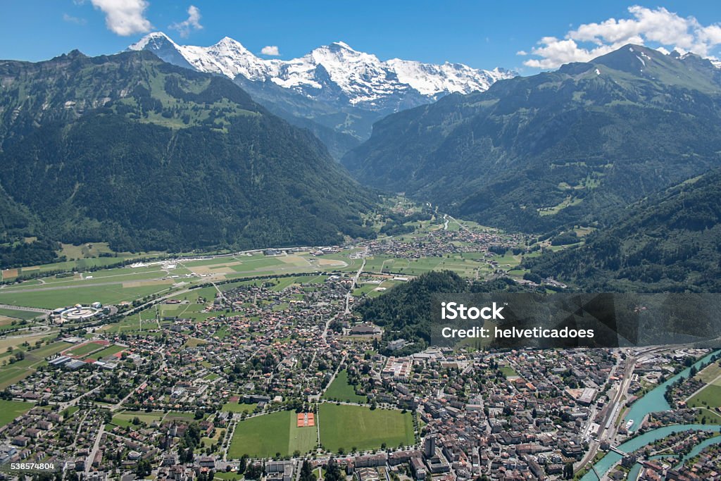 Interlaken Panoramic view of the city of Interlaken and the surrounding mountains, Canton Bern, Switzerland.  Interlaken - Switzerland Stock Photo