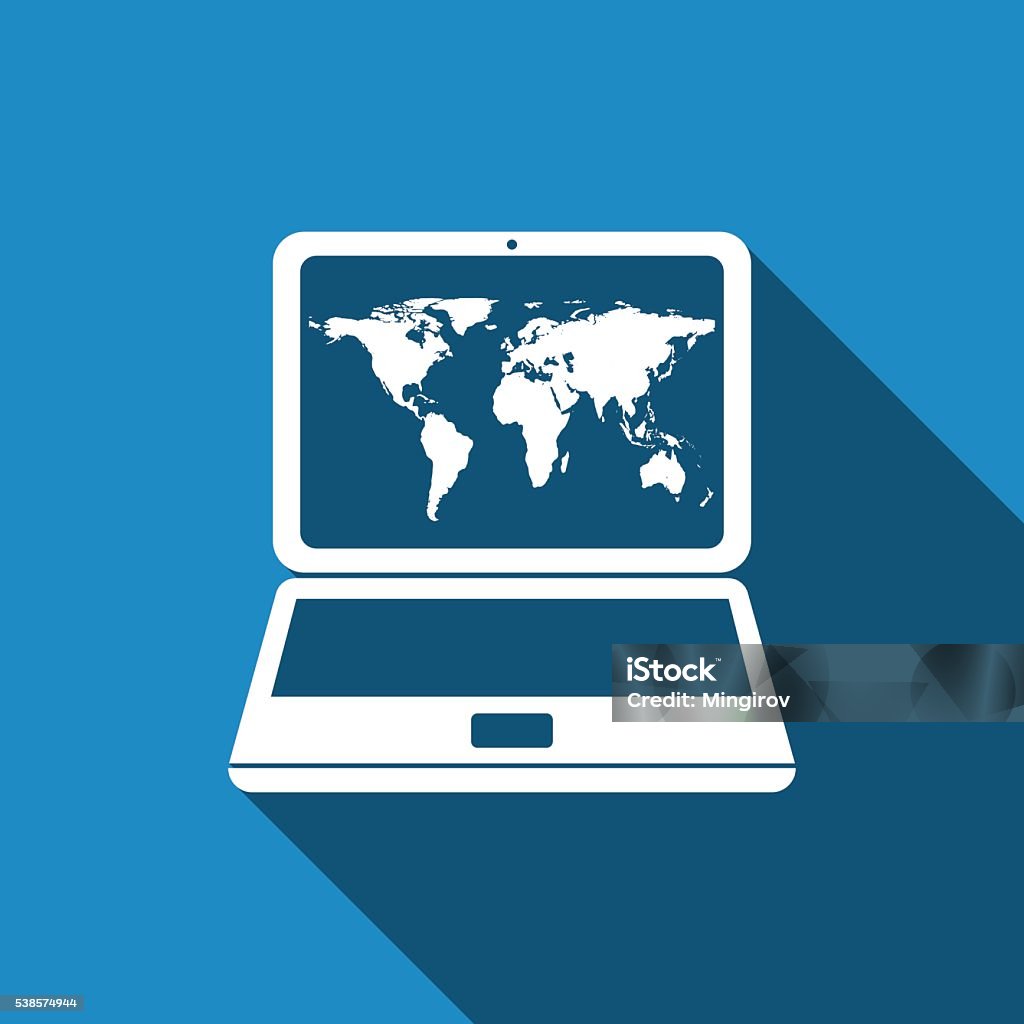 World map in laptop icon with long shadow. Laptop with world map icon with long shadow. Adobe illustrator Business stock vector