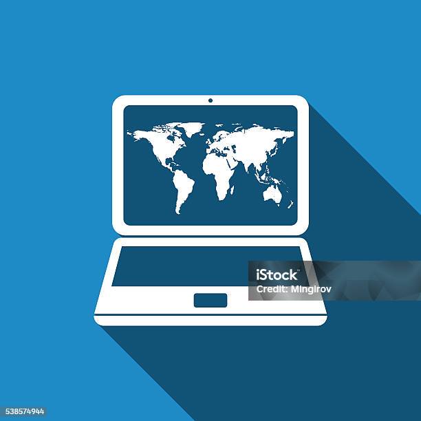 World Map In Laptop Icon With Long Shadow Stock Illustration - Download Image Now - Business, Business Finance and Industry, Computer