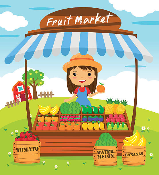 ilustraciones, imágenes clip art, dibujos animados e iconos de stock de tienda de fruta de historieta caracteres individual - farmers market fruit market berry fruit