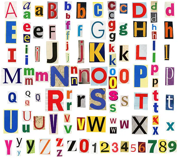 Big size collection of colorful newspapers, magazines letters isolated on a white background. Anonymous alphabet
