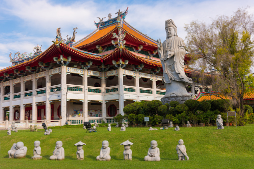 Dharma Hall & Library and statue of Guanyin at the Kong Meng San Phor Kark See Monastery, one of the largest Mahayana Buddhist temples in Singapore.