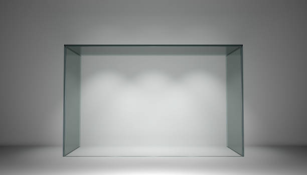 istock Empty glass showcase for exhibit in gray room 538579236