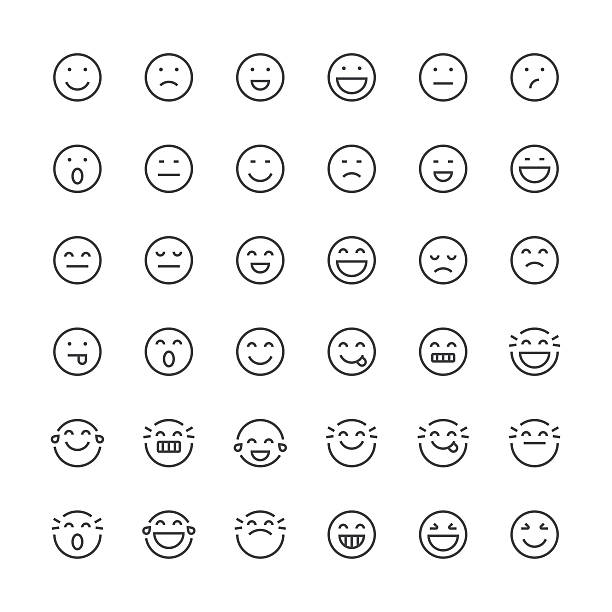 ilustraciones, imágenes clip art, dibujos animados e iconos de stock de emoticons juego 1/línea fina de la serie - emoji