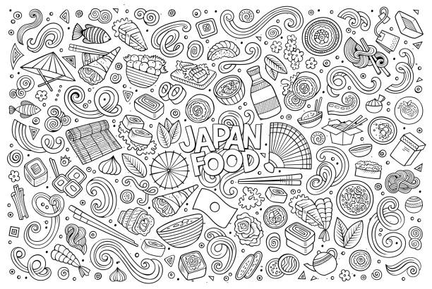 illustrazioni stock, clip art, cartoni animati e icone di tendenza di gruppo di giappone cibo oggetti e simboli - sushi chopsticks sushi bar food