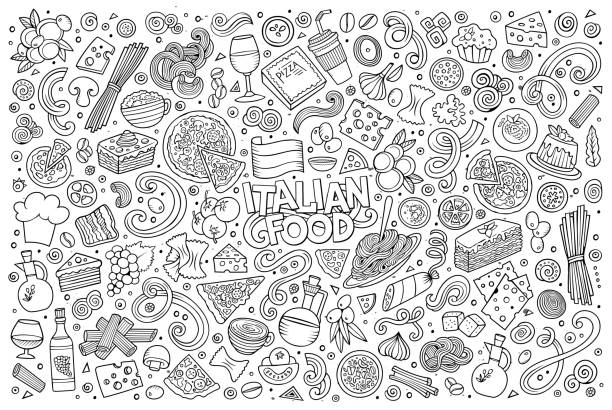 cartoon italienisches essen objekte festlegen - italian culture ingredient spaghetti food stock-grafiken, -clipart, -cartoons und -symbole