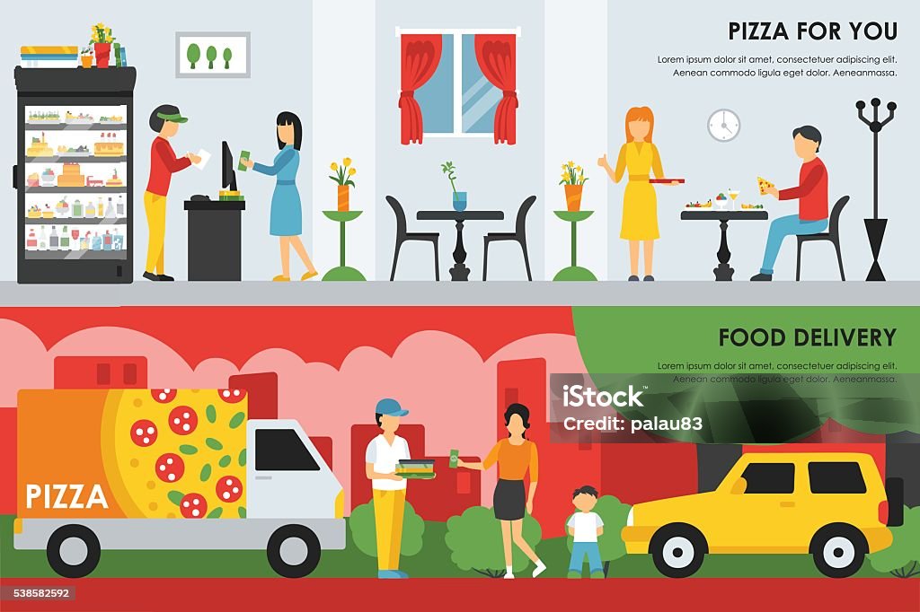 Pizza For You and Food Delivery flat  concept web vector Pizza For You and Food Delivery flat  concept web vector illustration. Deliveryman, People, Car. Pizzeria Restaurant interior presentation. Business stock vector