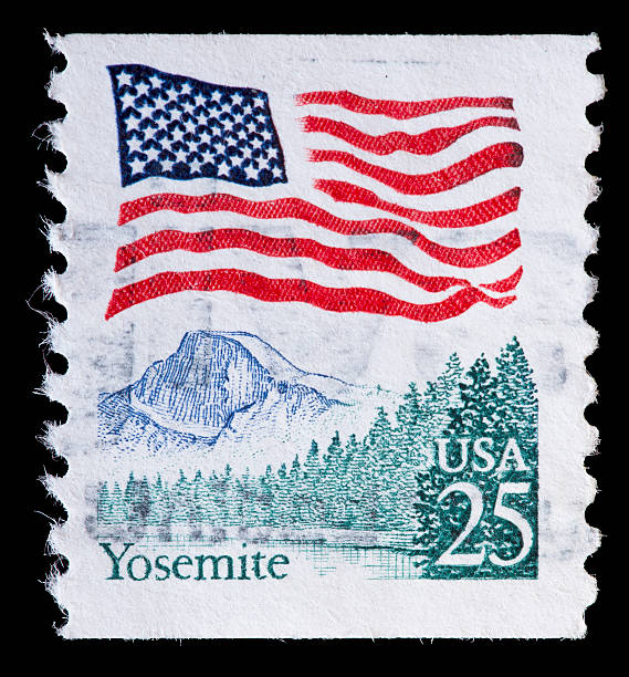 アメリカ合衆国使用した郵便切手を示すフラグヨセミテカリフォルニア州 - 1988 ストックフォトと画像
