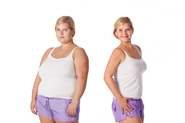 before and after weight loss Beautiful fat woman demonstrating weight loss phase. Comparison before and after weight loss. before and after weight loss stock pictures, royalty-free photos & images