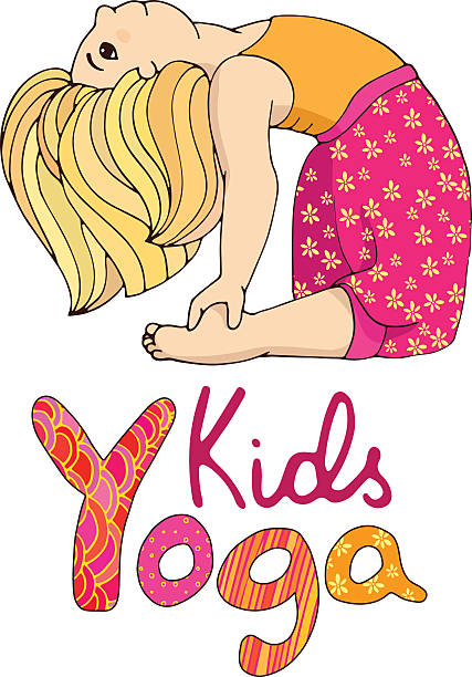Logo for children yoga. Hand-drawn girl doing yoga.  Cute girl in yoga pose. Baby yoga. Happy little girl in yoga asana. Gymnastics for children. cartoon yoga illustration. Colored girl on yoga class. ustrasana stock illustrations