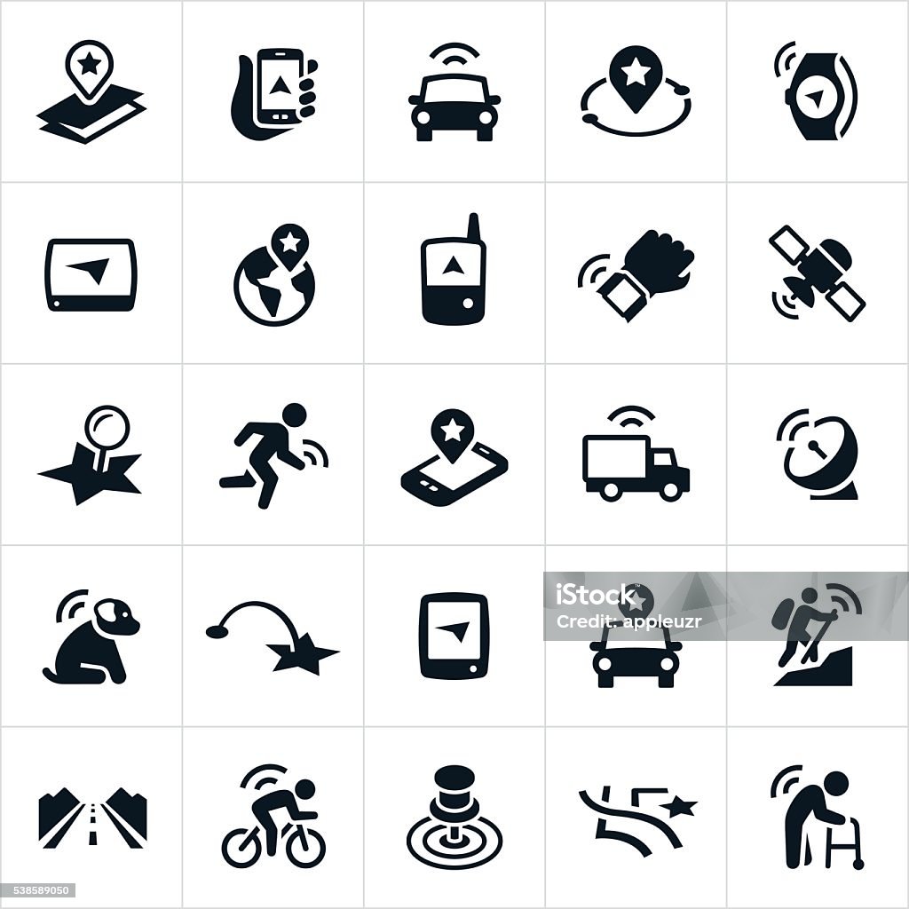 GPS Icons A set of icons representing GPS or the global positioning system. The icons show different uses of GPS and include mapping, navigation, fitness trackers, navigation equipment, watches, satellite, runner, smartphone, pet, hiking, sports, cycling and elderly to name a few. Icon Symbol stock vector