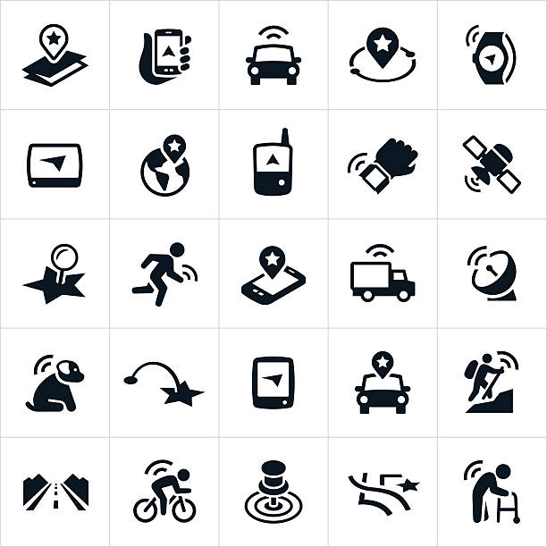 GPS Icons A set of icons representing GPS or the global positioning system. The icons show different uses of GPS and include mapping, navigation, fitness trackers, navigation equipment, watches, satellite, runner, smartphone, pet, hiking, sports, cycling and elderly to name a few. electronic discovery stock illustrations