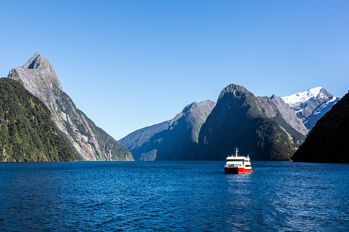 DSLR picture of Doubtful Sound in New Zealand. The picture was taken from a boat.  The water is on the foreground and the mountains are in the background. There is a sailboat going into the fjord. A retro filter was applied to the picture. 