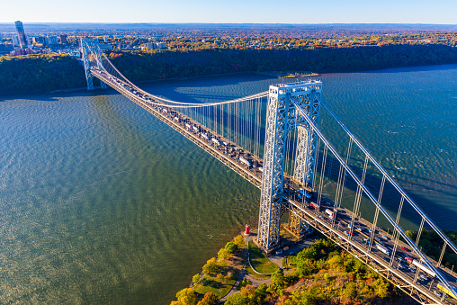 George Washington Bridge, NYC, rush hour, panorama aerial view from helicopter