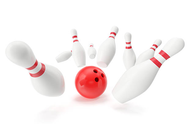 istock Bowling game, red ball crashing into the skittles. 3d illustration 538595656
