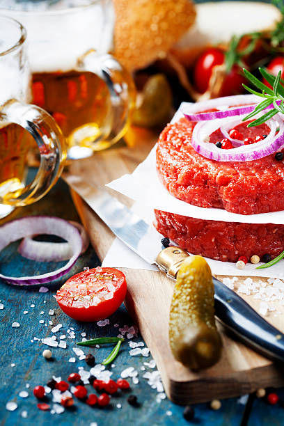 Beer and Raw Ground beef meat Burger steak cutlets