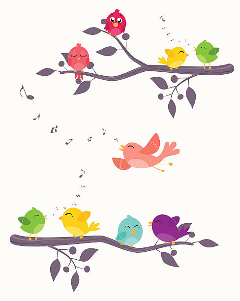 カラフルな鳥背景に枝 - flower tree spring apple blossom点のイラスト素材／クリップアート素材／マンガ素材／アイコン素材