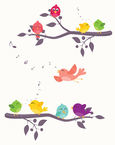 Vector Illustration of Colorful Birds on branches background
