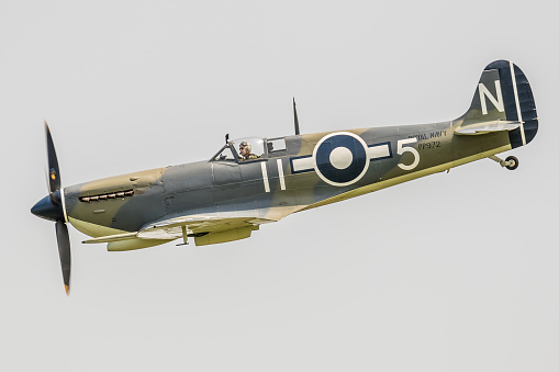 Old Warden, UK - June 5, 2016: a Seafire III ( a naval version of the Supermarine Spitfire ) fighter aircraft, used by the UK's Fleet Air Arm during WW2, pictured in flight over Bedfordshire, England. 