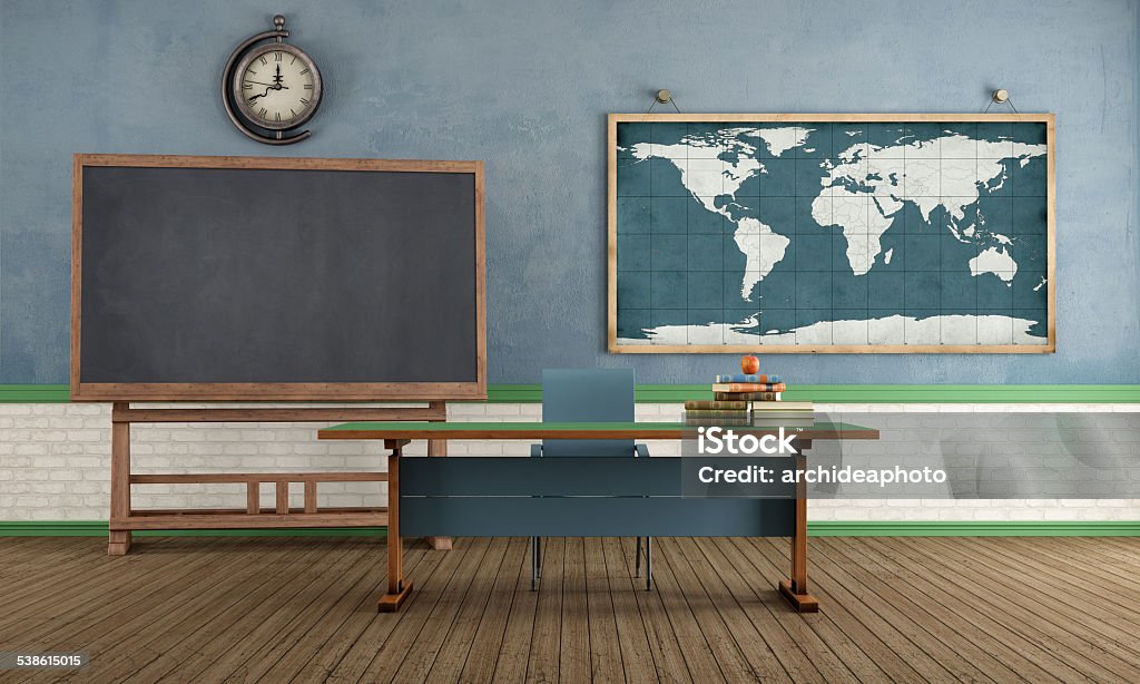 Retro classroom without student Vintage classroom with blackboard teacher's desk and world map on wall - rendering Classroom Stock Photo