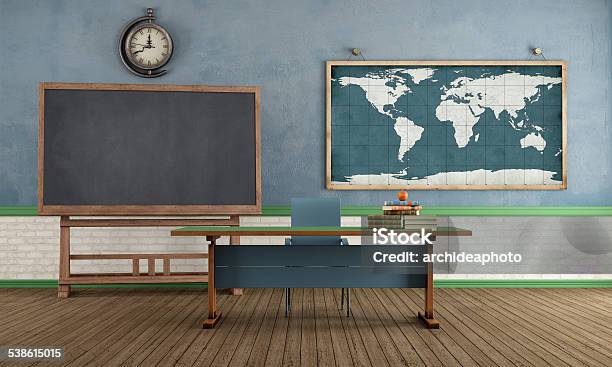 Retro Classroom Without Student Stock Photo - Download Image Now - Classroom, Map, Wall - Building Feature