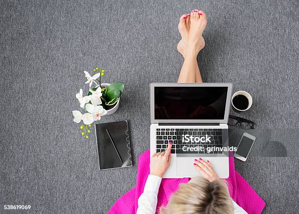 Woman Working With Computer In Style Stock Photo - Download Image Now - Flooring, Laptop, Occupation