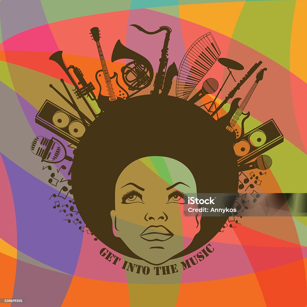 Woman and musical instruments Illustration of African American young woman portrait with musical instruments on colorful geometric background. Music creative concept African-American Ethnicity stock vector