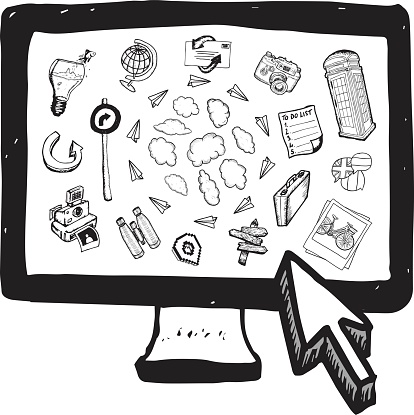 Cloud computing illustrations on computer screen on white background