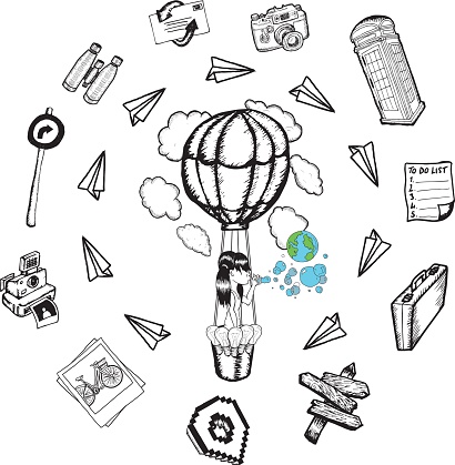 Hot air balloon with lifestyle doodles on white background