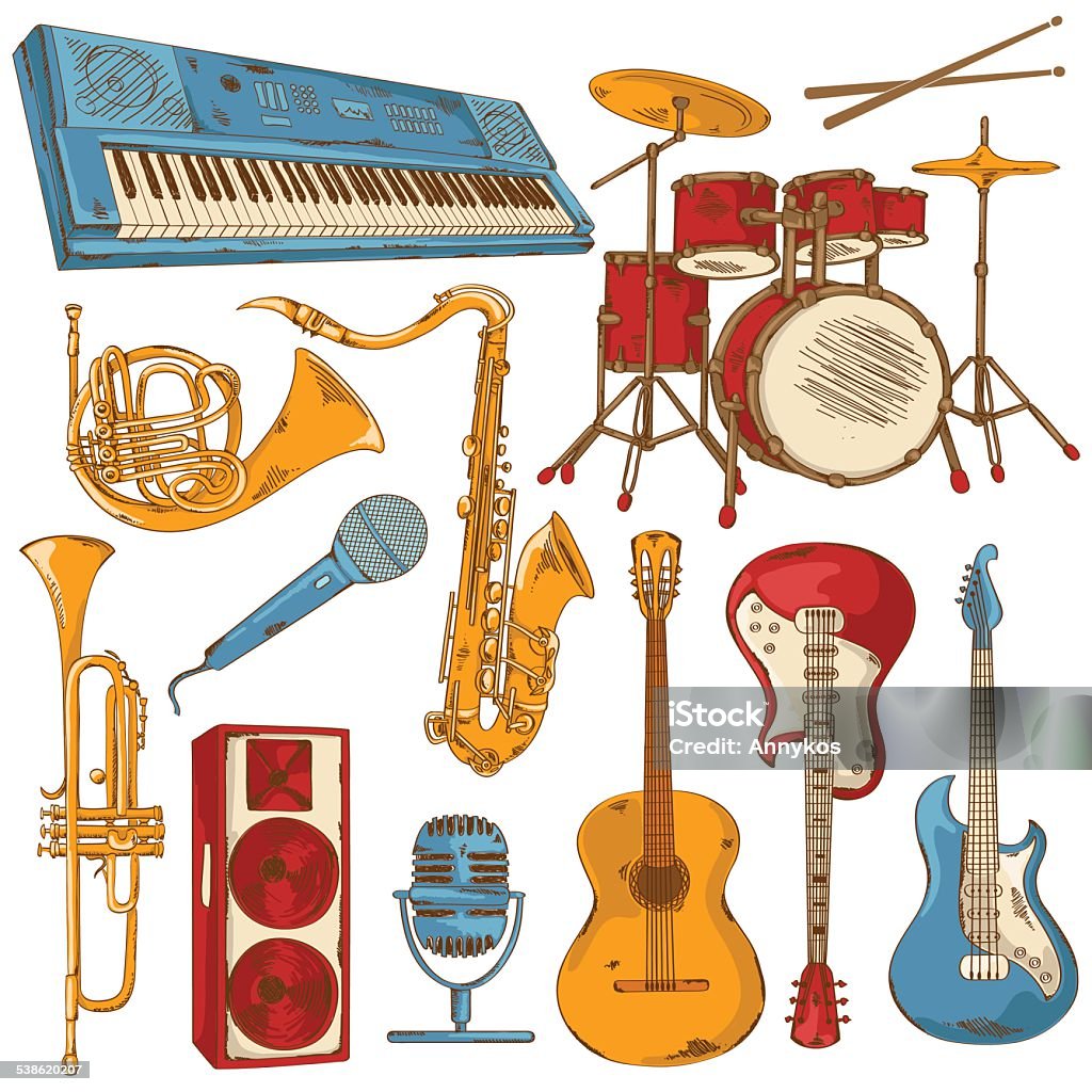 Set of isolated colorful musical instruments Hand drawn set of isolated colorful musical instruments Drum Kit stock vector