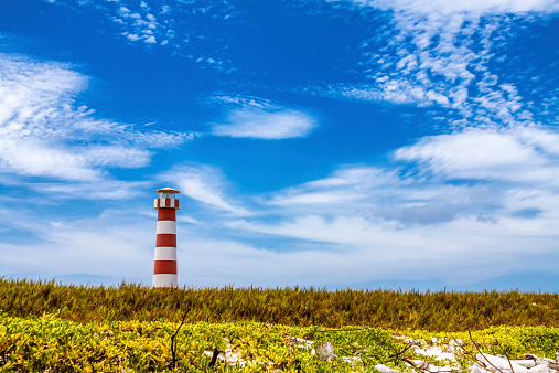 Lighthouse in a tropical island in the Caribbean. Los Roques, Venezuela,