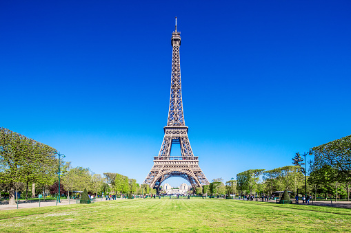 Eiffel Tower with blue sky . Classical Paris photo . France capital city. Esplanade du Trocadero, Paris