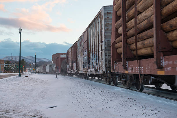 A train carrying a variety of freight on a cold winter day passes through the town of Johnson City, Tennessee. February 18, 2015