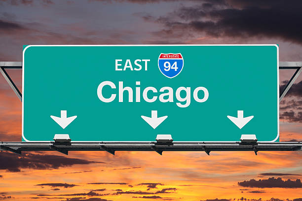 istock Chicago Interstate 94 East Highway Sign with Sunrise Sky 538645688