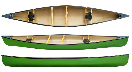 green tandem canoe with wood seats isolated on white - top and side views