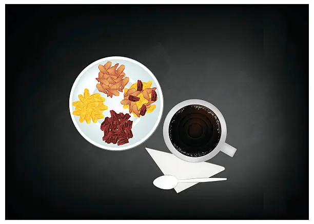 Vector illustration of Hot Coffee and Raisins or Dried Grape on Chalkboard