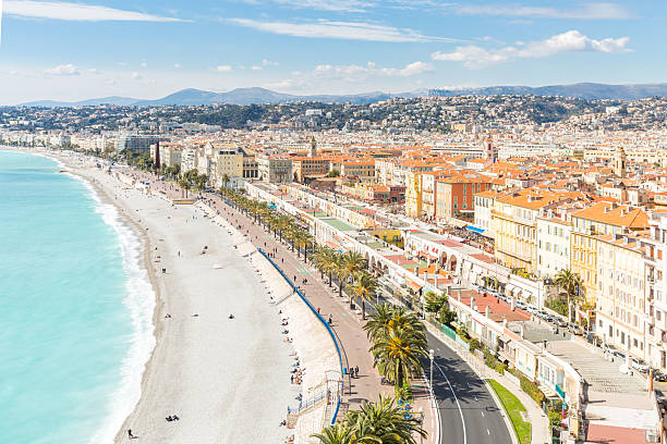 francja ładne morze śródziemne - city of nice france beach panoramic zdjęcia i obrazy z banku zdjęć