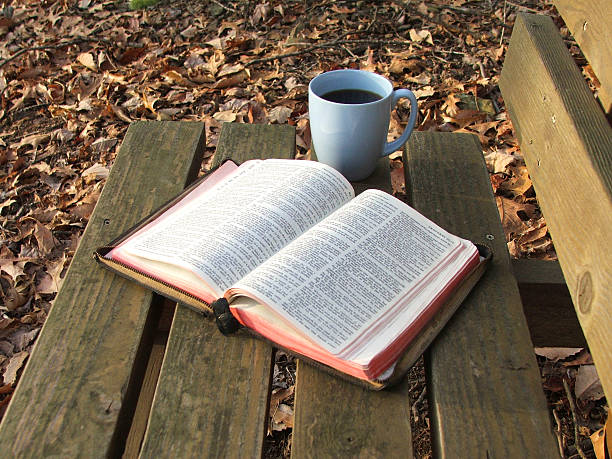Morning coffee and Bible on a wooden bench in the forest.